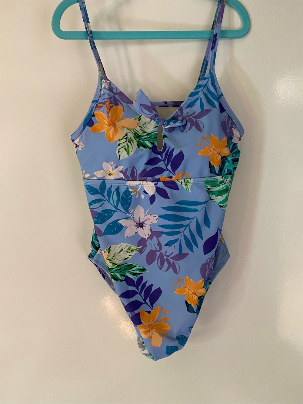 Kids Floral One-Piece Swimsuit - Light Blue with Tropical Print